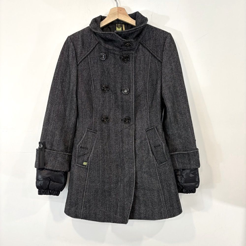 Soia & Kyo Gray Wool Herringbone Warm Coat Double lining sz XS